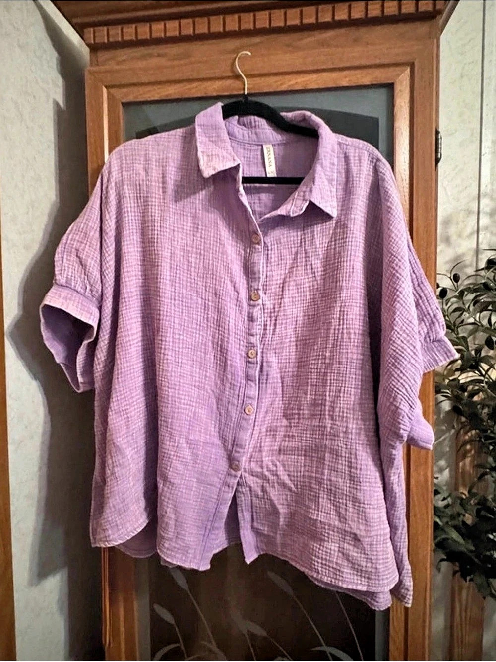 Zenana Double Gauze Button Up Shirt Women's Button Down Shirt in Purple Size XL